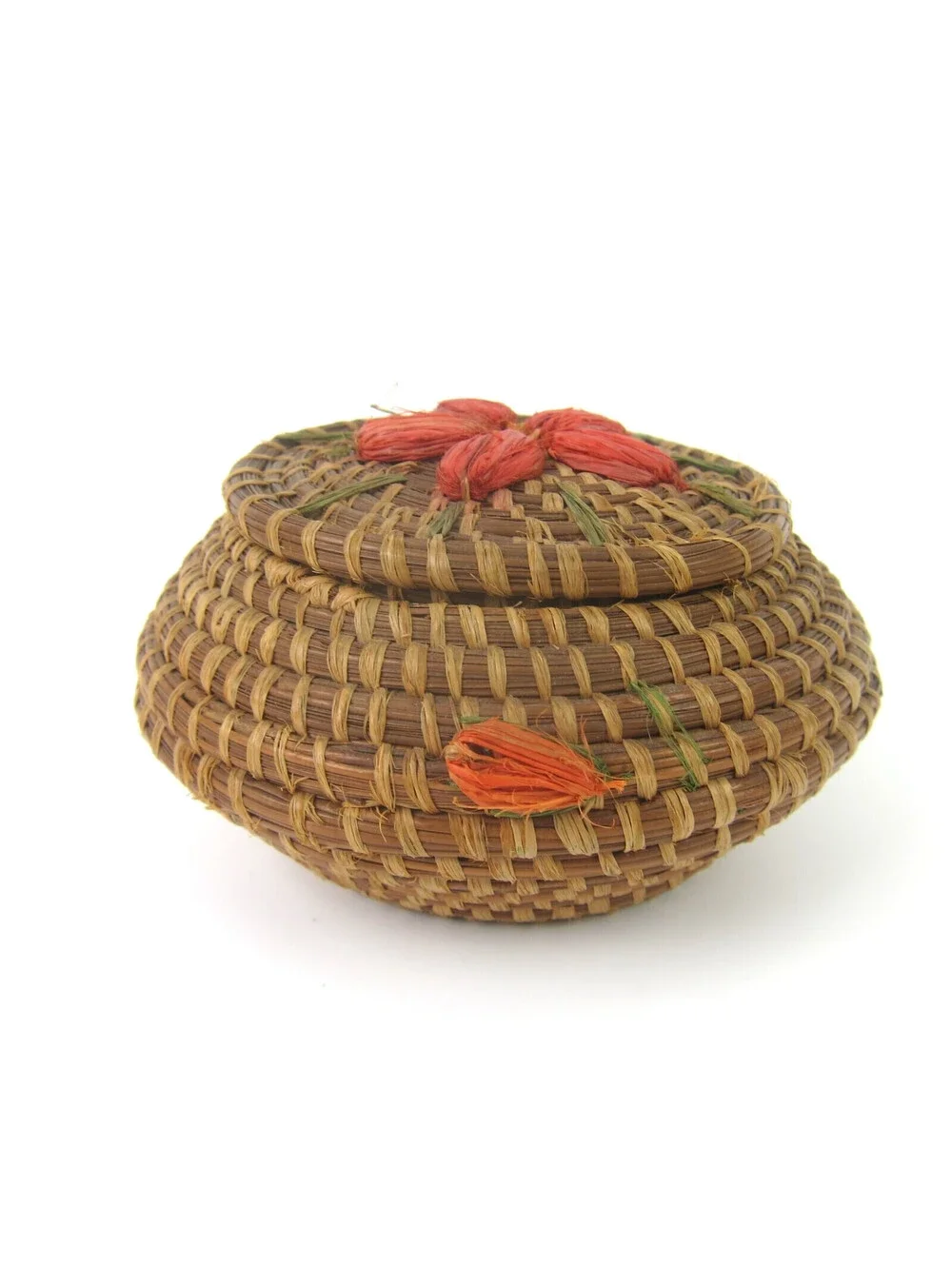 Coushatta Pine Needle Basket Applied Flowers Lidded Native American Vintage RARE